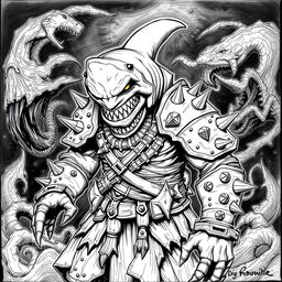 A dark-themed black and white sketch of Shark-Man in a Dungeons & Dragons style, presenting a menacing and formidable humanoid with distinct shark features