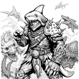 A dark-themed black and white sketch of Shark-Man in a Dungeons & Dragons style, presenting a menacing and formidable humanoid with distinct shark features