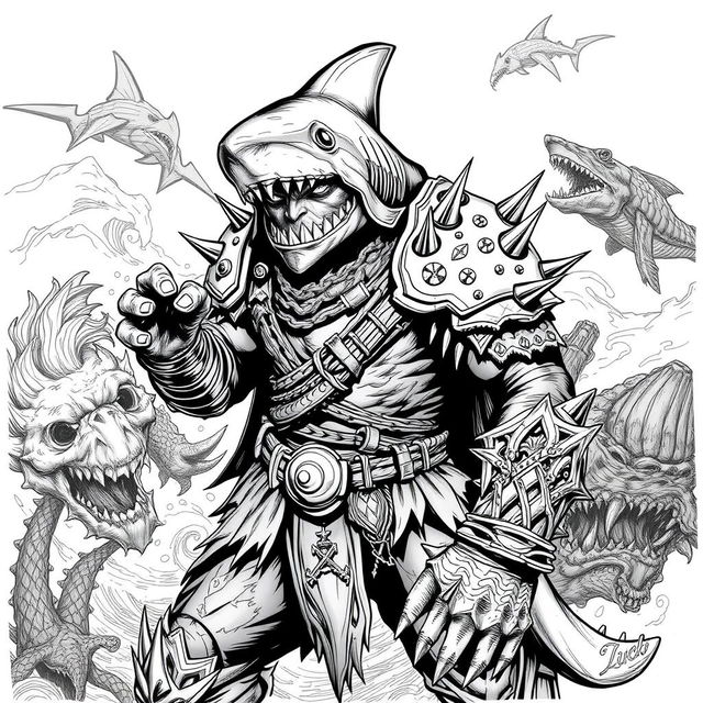 A dark-themed black and white sketch of Shark-Man in a Dungeons & Dragons style, presenting a menacing and formidable humanoid with distinct shark features