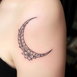 A fine line tattoo design featuring an elegant crescent moon