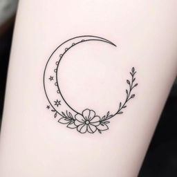 A fine line tattoo design featuring an elegant crescent moon