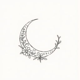 A fine line tattoo design featuring an elegant crescent moon