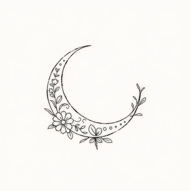 A fine line tattoo design featuring an elegant crescent moon