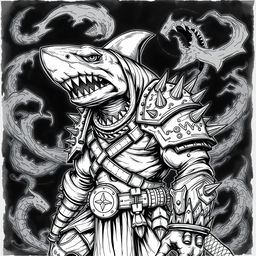 A dark-themed black and white sketch of Shark-Man in a Dungeons & Dragons style, portraying a formidable humanoid creature with prominent shark features