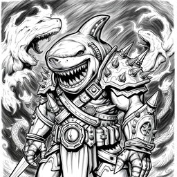 A dark-themed black and white sketch of Shark-Man in a Dungeons & Dragons style, portraying a formidable humanoid creature with prominent shark features