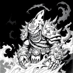 A dark-themed black and white sketch of Shark-Man in a Dungeons & Dragons style, portraying a formidable humanoid creature with prominent shark features