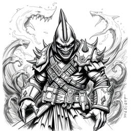 A dark-themed black and white sketch of Shark-Man in a Dungeons & Dragons style, portraying a formidable humanoid creature with prominent shark features