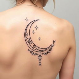 A fine line tattoo design featuring an elegant crescent moon placed on the back