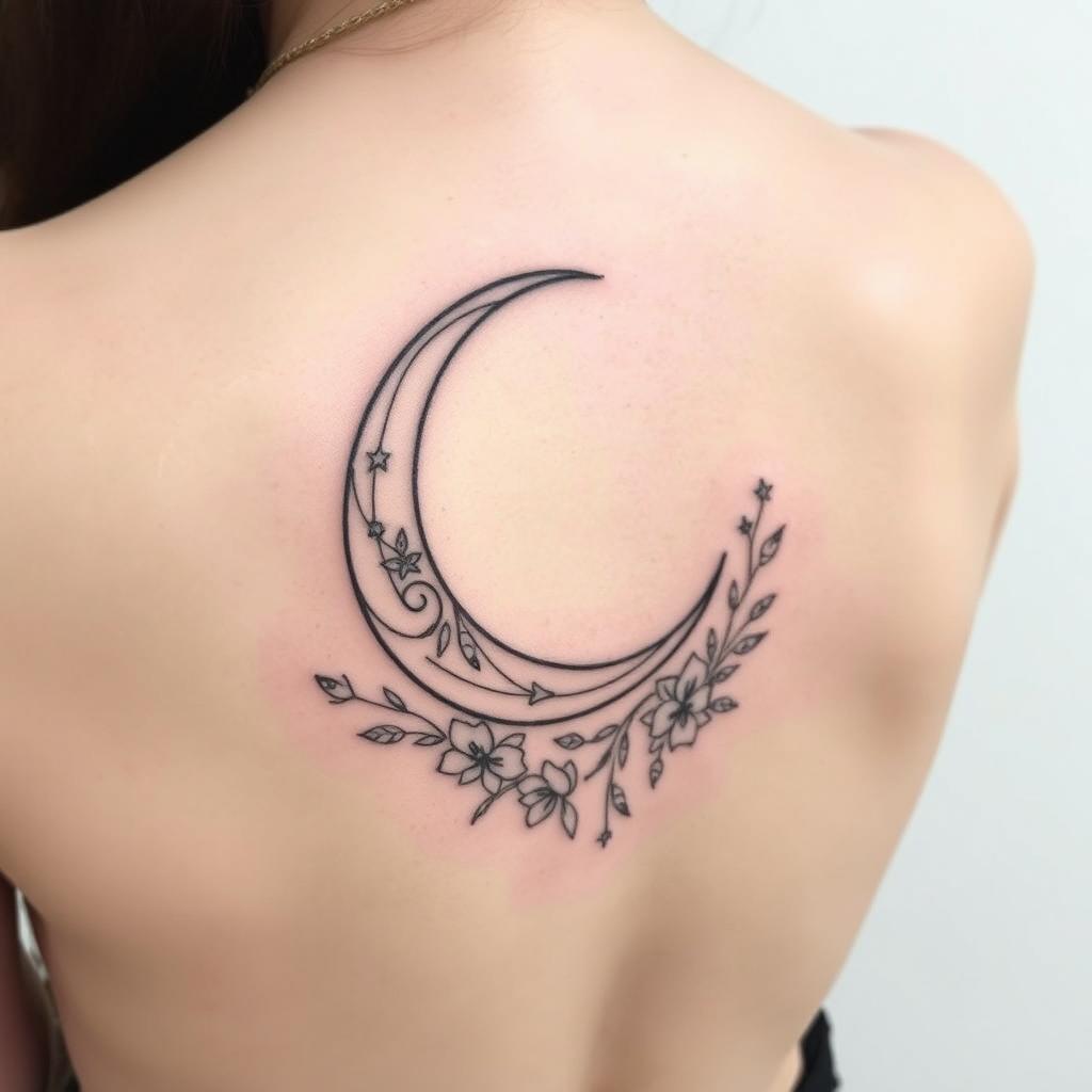 A fine line tattoo design featuring an elegant crescent moon placed on the back