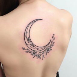 A fine line tattoo design featuring an elegant crescent moon placed on the back