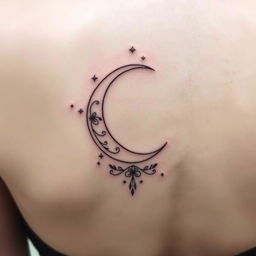 A fine line tattoo design featuring an elegant crescent moon placed on the back