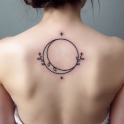 A fine line tattoo design featuring an elegant crescent moon placed on the back