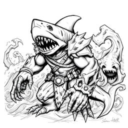 A dark-themed black and white sketch of Shark-Man in a Dungeons & Dragons style, representing a fearsome humanoid figure with distinct shark characteristics