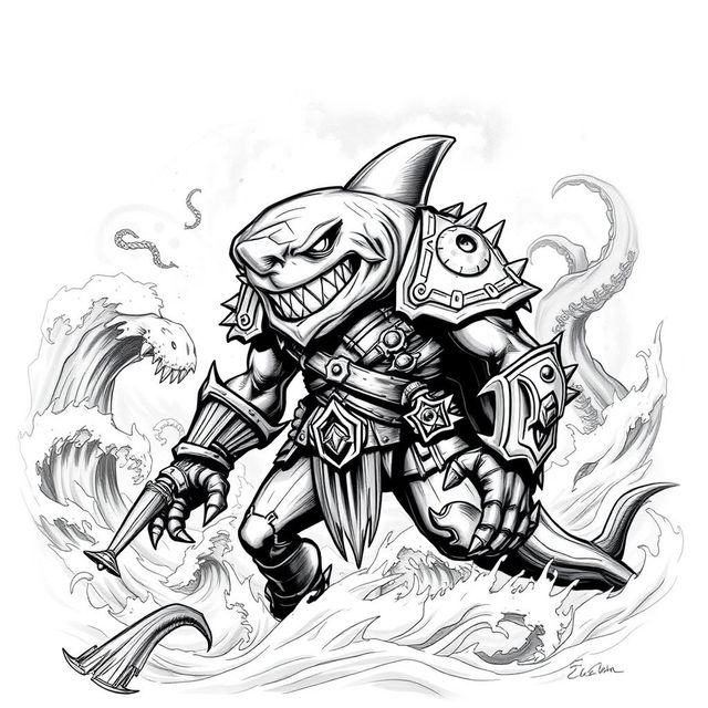 A dark-themed black and white sketch of Shark-Man in a Dungeons & Dragons style, representing a fearsome humanoid figure with distinct shark characteristics