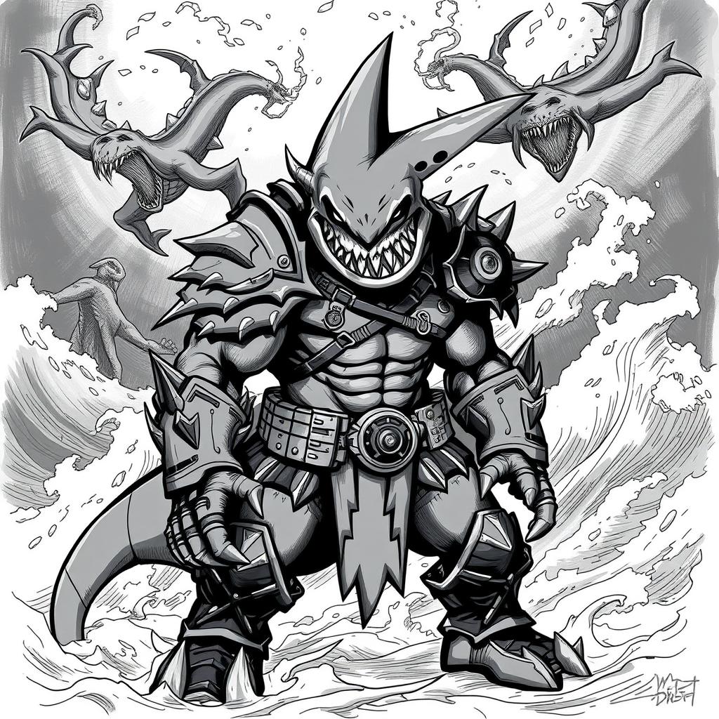 A dark-themed black and white sketch of Shark-Man in a Dungeons & Dragons style, representing a fearsome humanoid figure with distinct shark characteristics