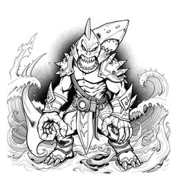 A dark-themed black and white sketch of Shark-Man in a Dungeons & Dragons style, representing a fearsome humanoid figure with distinct shark characteristics