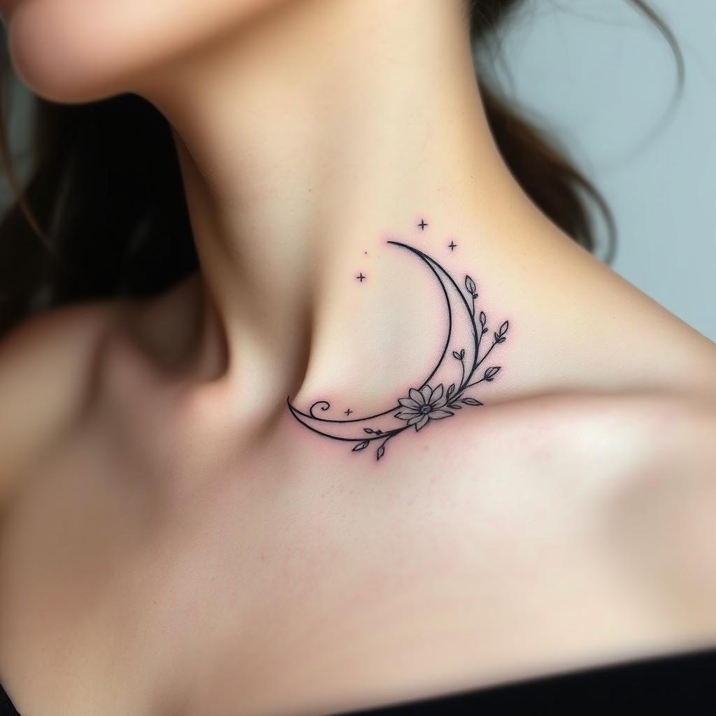 A fine line tattoo design featuring an elegant crescent moon placed on the collarbone