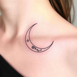 A fine line tattoo design featuring an elegant crescent moon placed on the collarbone