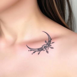 A fine line tattoo design featuring an elegant crescent moon placed on the collarbone