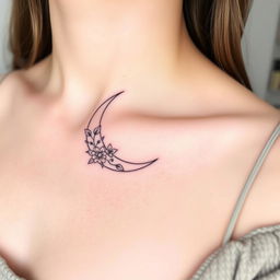 A fine line tattoo design featuring an elegant crescent moon placed on the collarbone