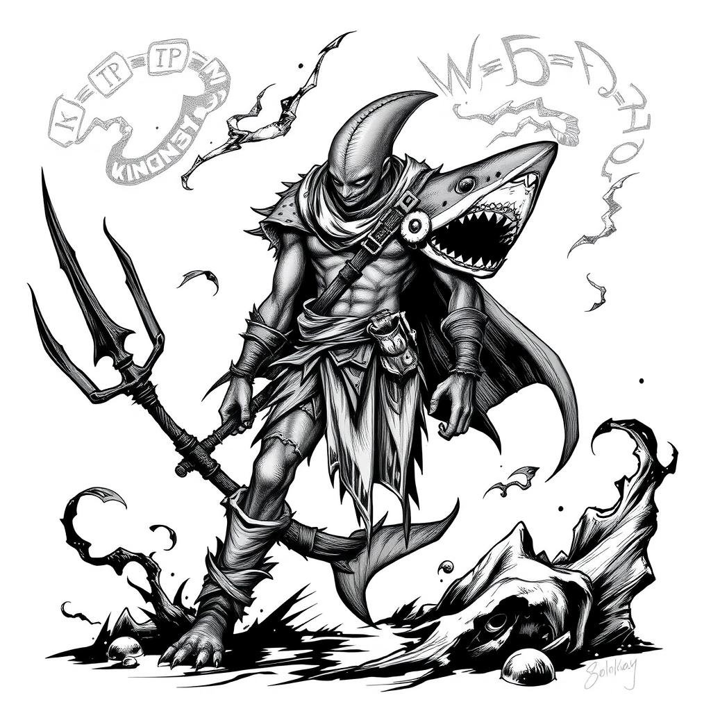 A Shark-Man character depicted in a dark Dungeons & Dragons style