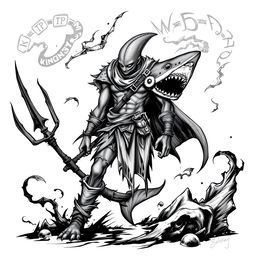 A Shark-Man character depicted in a dark Dungeons & Dragons style