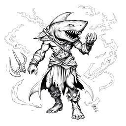 A Shark-Man character depicted in a dark Dungeons & Dragons style