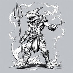 A Shark-Man character depicted in a dark Dungeons & Dragons style