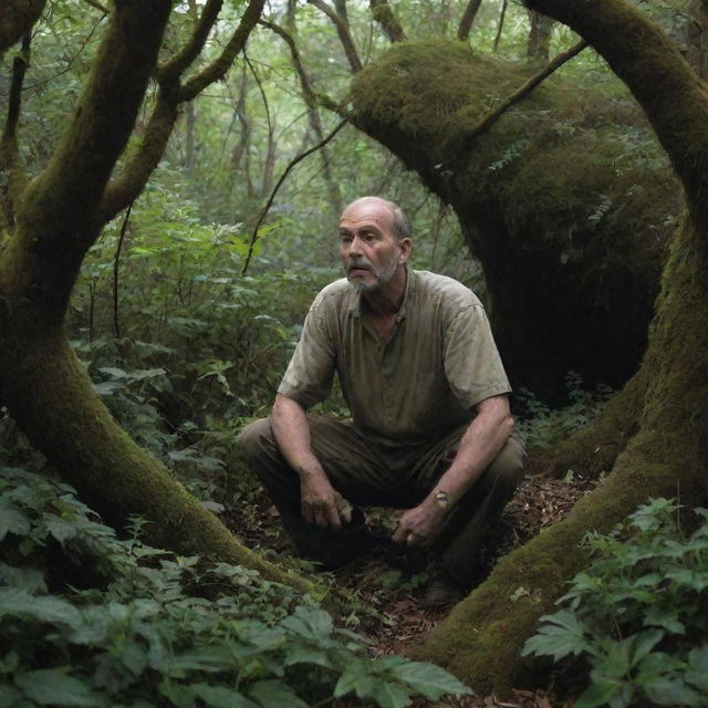 In the midst of his outburst, the man hears rustling in the nearby bushes. He goes silent as a sense of unease builds, trying to discern what creature might be lurking in the dense undergrowth.