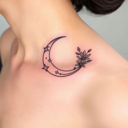 A stylish tattoo design featuring an elegant crescent moon positioned on the collarbone