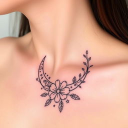 A stylish tattoo design featuring an elegant crescent moon positioned on the collarbone