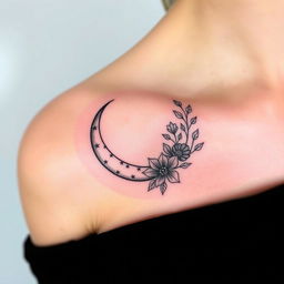 A stylish tattoo design featuring an elegant crescent moon positioned on the collarbone