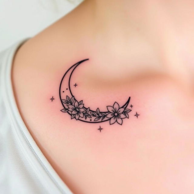 A stylish tattoo design featuring an elegant crescent moon positioned on the collarbone