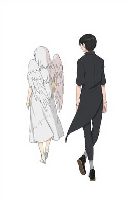 A male high schooler with sleek black hair, walking with a slight downward gaze, alongside a female angel with medium-length flowing white hair, depicted from behind