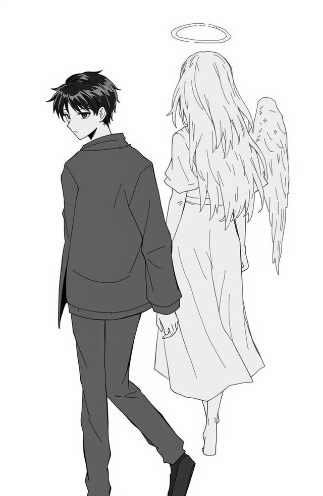 A male high schooler with sleek black hair, walking with a slight downward gaze, alongside a female angel with medium-length flowing white hair, depicted from behind