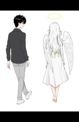 A male high schooler with sleek black hair, walking with a slight downward gaze, alongside a female angel with medium-length flowing white hair, depicted from behind