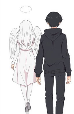 A male high schooler with sleek black hair, walking with a slight downward gaze, alongside a female angel with medium-length flowing white hair, depicted from behind