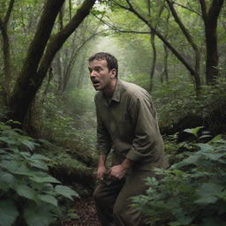 In the midst of his outburst, the man hears rustling in the nearby bushes. He goes silent as a sense of unease builds, trying to discern what creature might be lurking in the dense undergrowth.