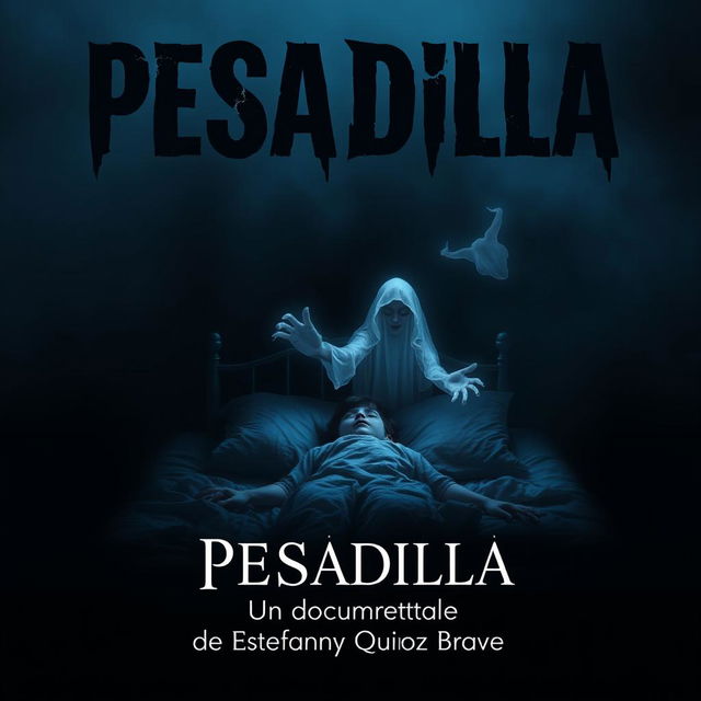 An eerie poster for a horror documentary titled 'PESADILLA', focused on the internal struggle of a boy experiencing sleep paralysis