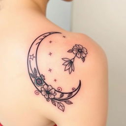 A stylish tattoo design featuring an elegant crescent moon positioned on the shoulder