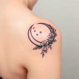 A stylish tattoo design featuring an elegant crescent moon positioned on the shoulder