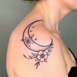 A stylish tattoo design featuring an elegant crescent moon positioned on the shoulder