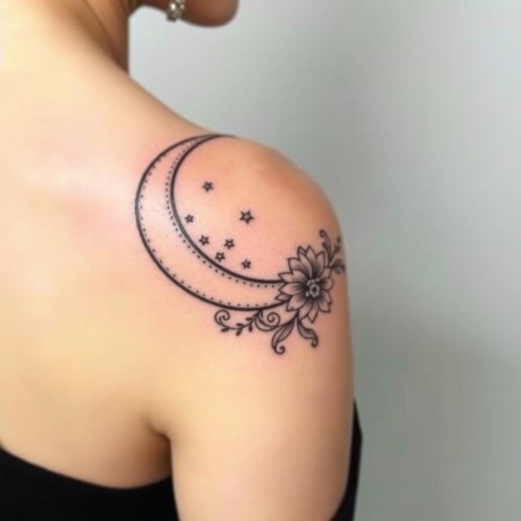 A stylish tattoo design featuring an elegant crescent moon positioned on the shoulder