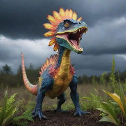 Emerging from the undergrowth is a Dilophosaurus, its colourful frills extended and menacing under the stormy sky, poised ominously before the shocked scheming individual.