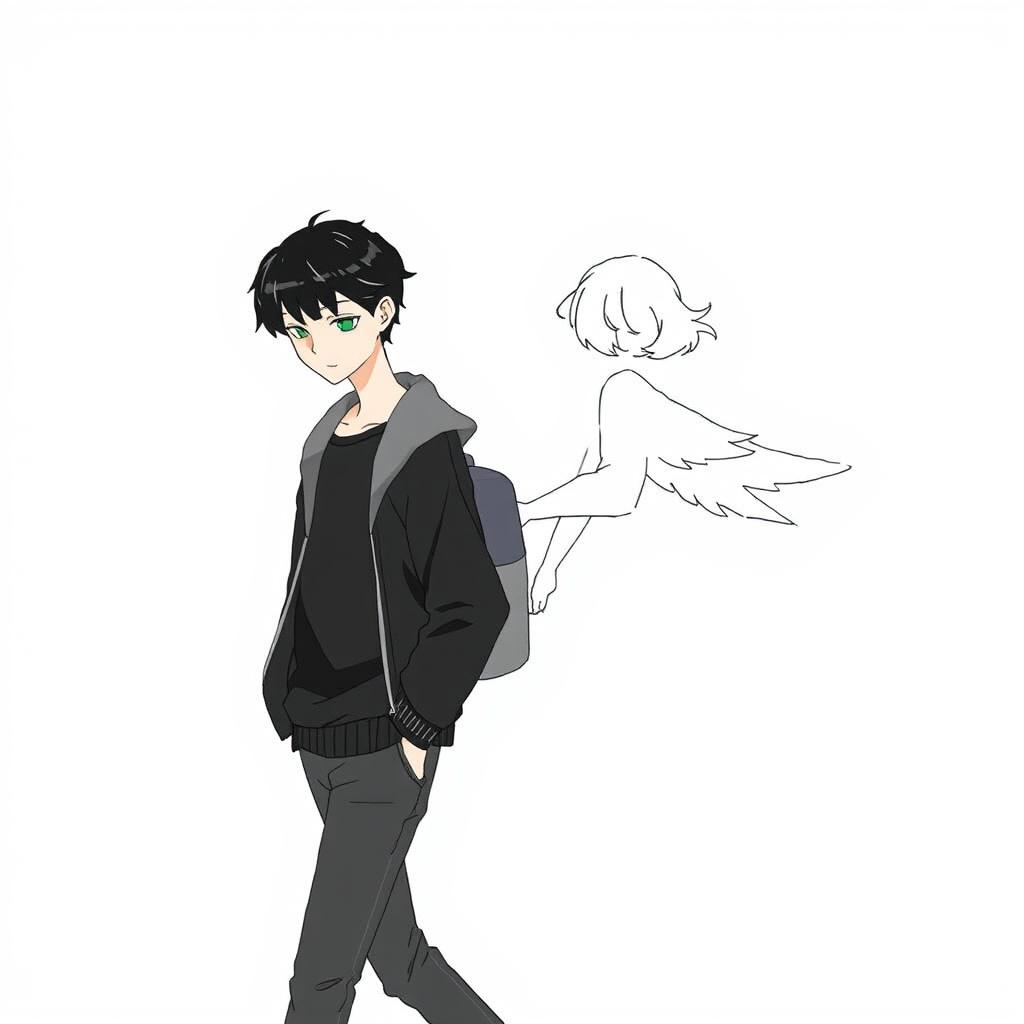 A male high schooler with sleek black hair, walking with a slight downward gaze, accompanied by a female angel with short to medium-length flowing white hair following behind him