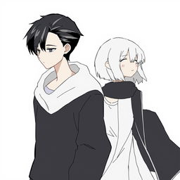 A male high schooler with sleek black hair, walking with a slight downward gaze, accompanied by a female angel with short to medium-length flowing white hair following behind him