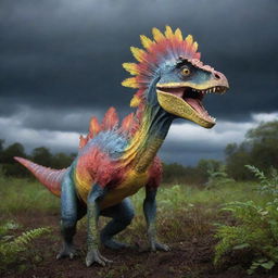 Emerging from the undergrowth is a Dilophosaurus, its colourful frills extended and menacing under the stormy sky, poised ominously before the shocked scheming individual.