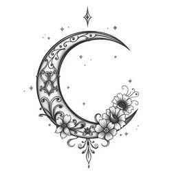 An elegant tattoo design featuring a crescent moon with intricate details