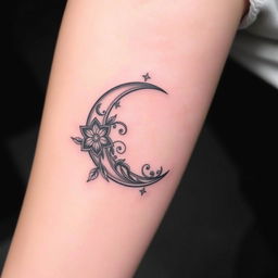 An elegant tattoo design featuring a crescent moon with intricate details