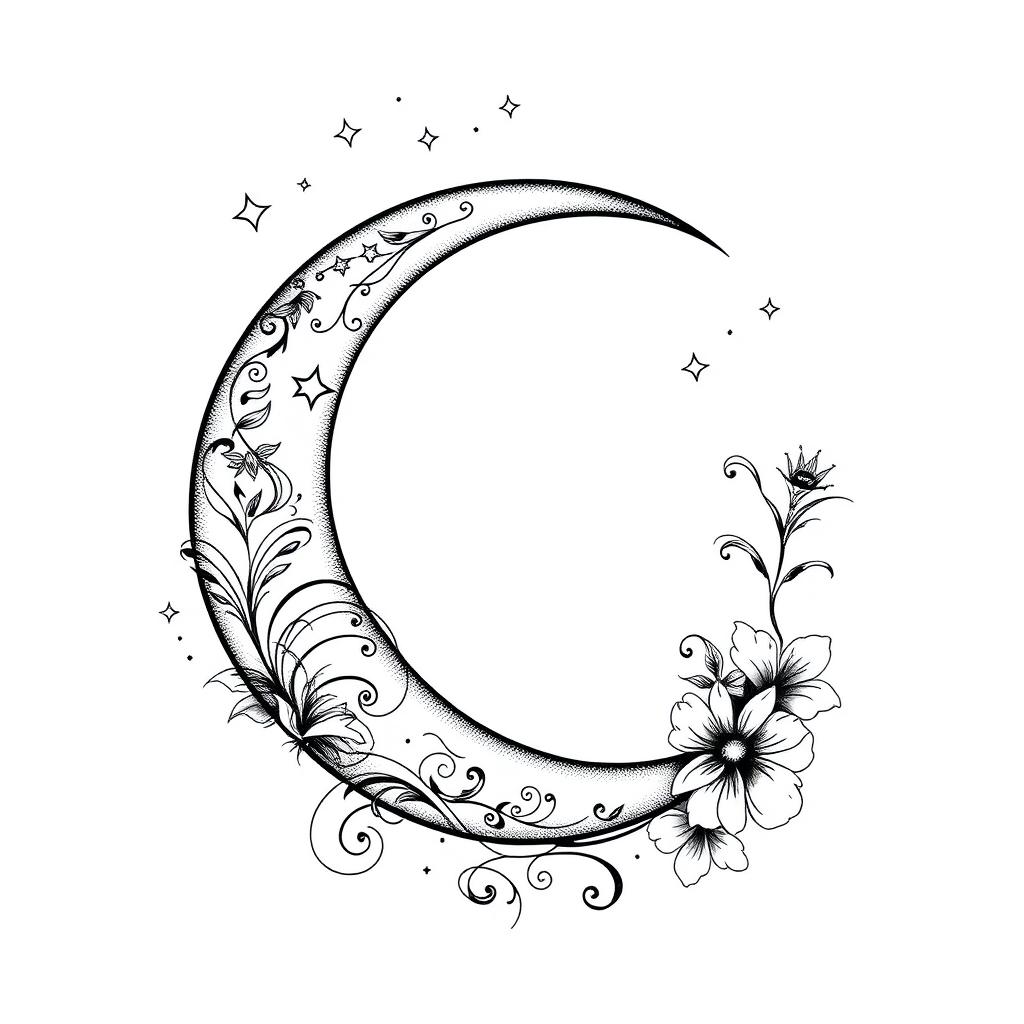 An elegant tattoo design featuring a crescent moon with intricate details